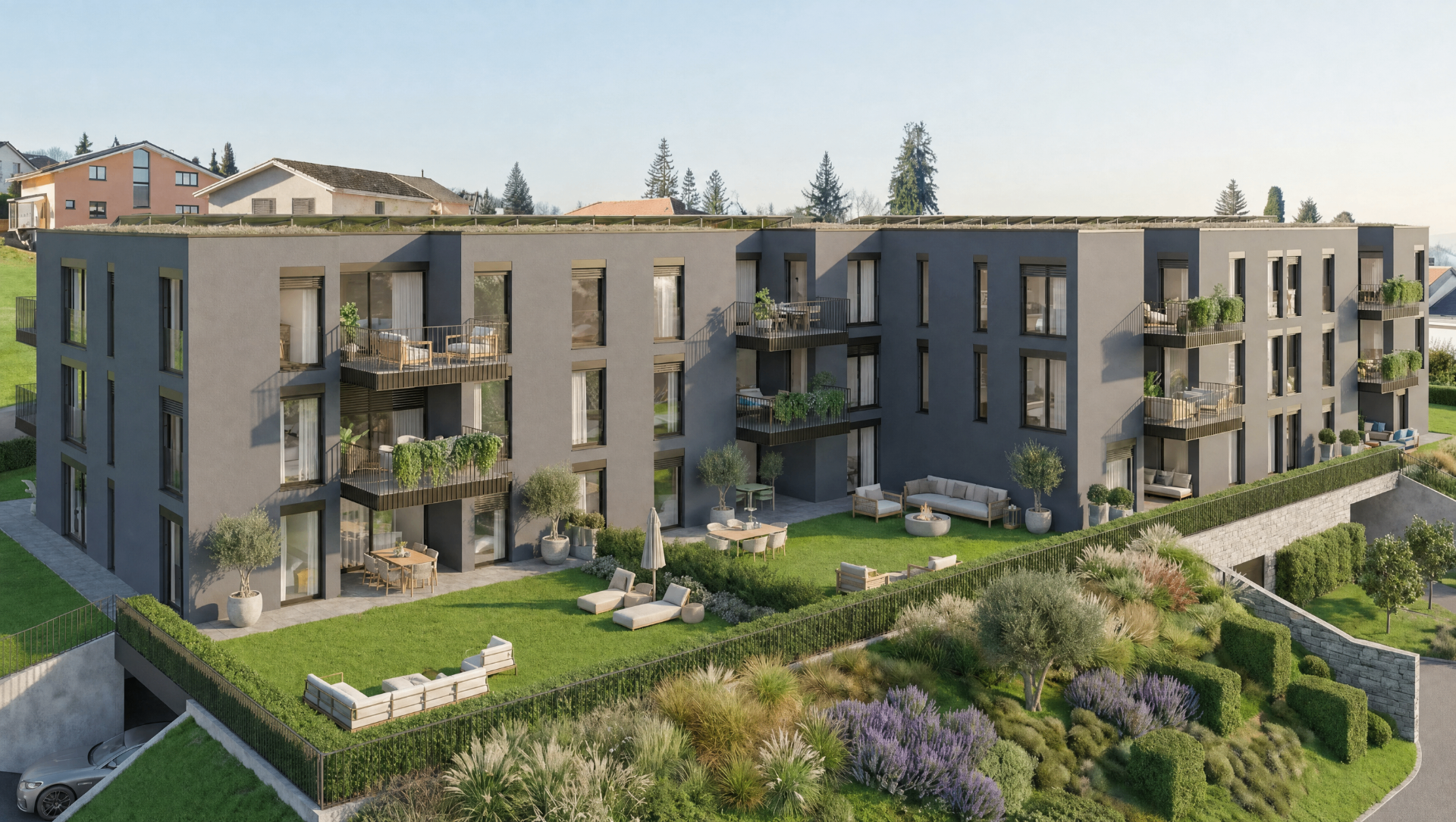 Praz Melley — bâtiments A et B, jardin et façade