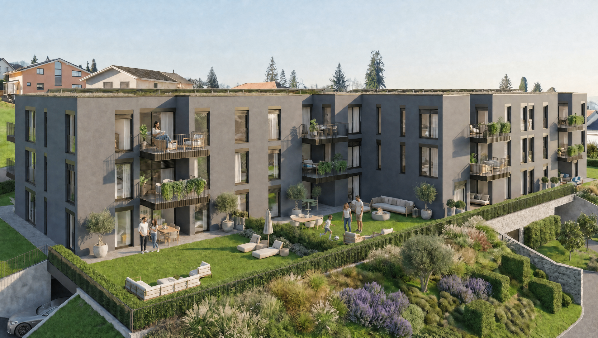 Façade de la résidence avec famille au jardin