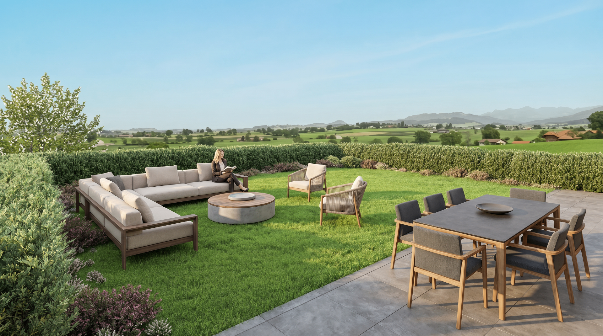 Terrasse et jardin avec vue sur la campagne fribourgeoise